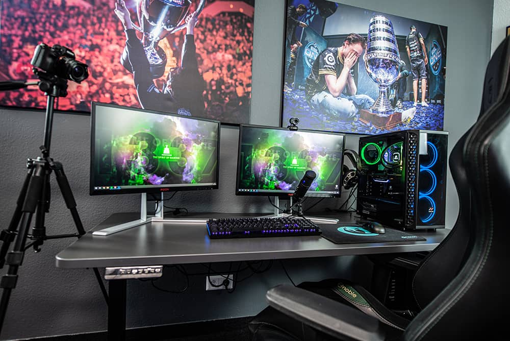 A gaming PC set up with two display monitors