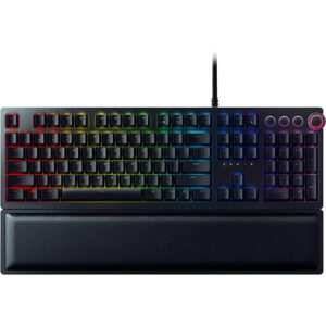 mechanical gaming keyboard with media controls and RGB lighting controlled through Razer synapse