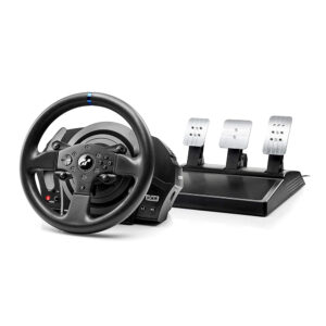 sim racing wheel and pedals.